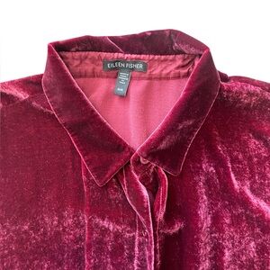 Eileen Fisher Velvet Button Down Top Silk Blend Burgundy Long Sleeve Minimalist